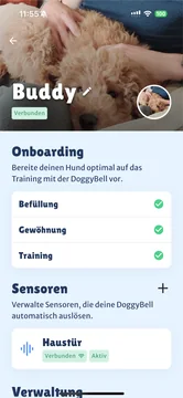 DoggyBell app with onboarding steps for introduction, devices and training, plus a connected sensor.