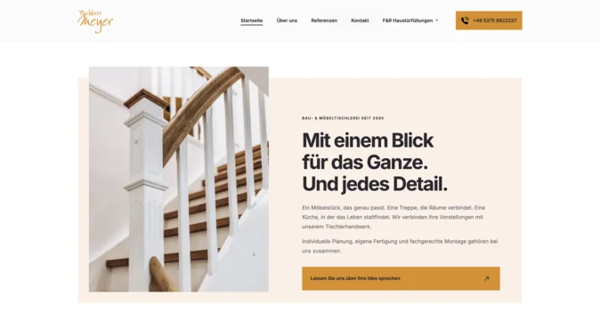 Meyer about section pairing a wooden staircase with warm colors and a message about attention to detail.