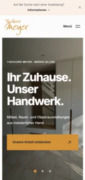 Mobile Meyer homepage with carpentry photography, a compact menu and a prominent project action.