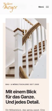 Mobile Meyer about section with staircase photography above the company introduction.