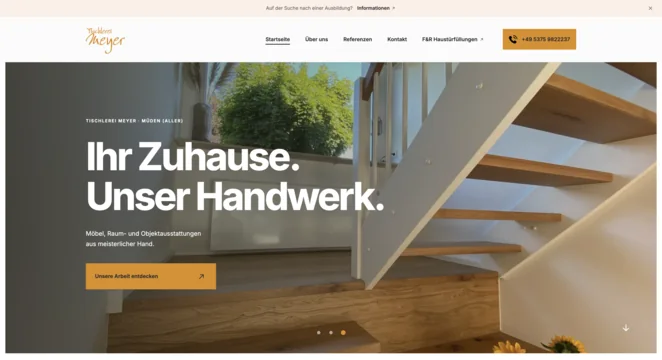 Tischlerei Meyer homepage with warm wood photography, orange brand accents and the headline Ihr Zuhause. Unser Handwerk.