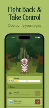 Rokan Journey forest scene with the companion and a daily list of activities for overcoming urges.