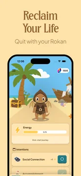 Rokan Journey promotional screen showing a companion on a tropical island, energy and everyday activities.